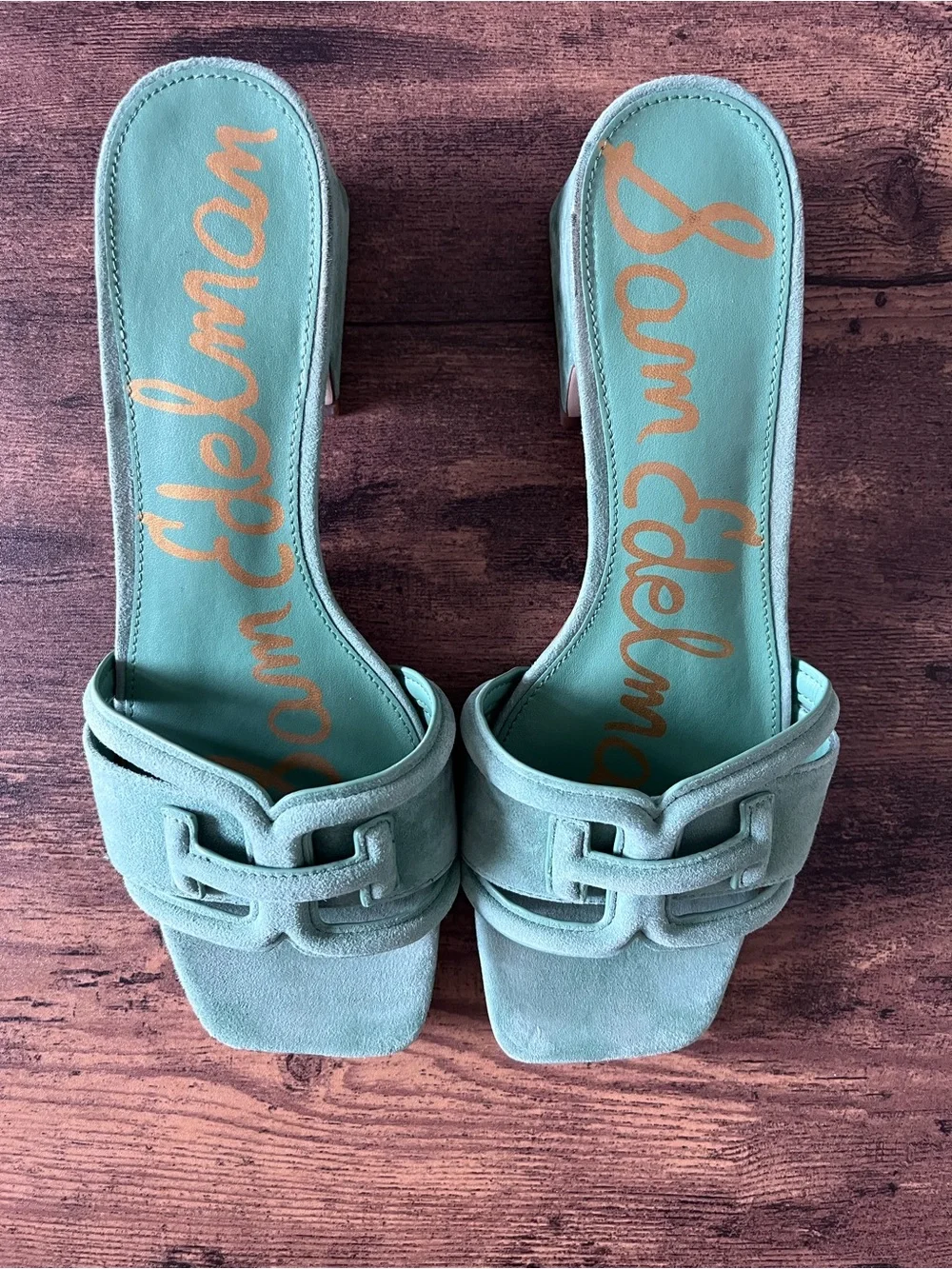 Sam Edelman 7.5 Waylon Garden Green Suede Block Heel Mules Slides Sandals - Picture 5 of 10